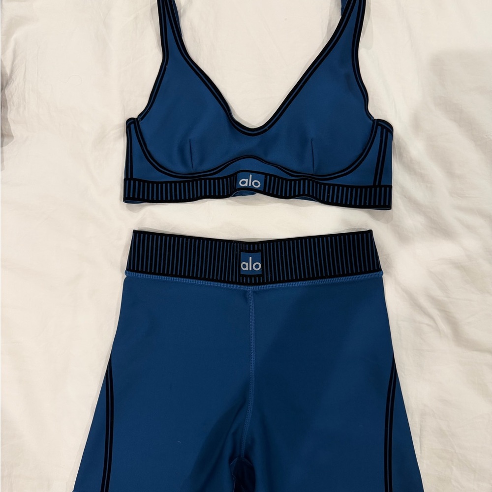 ALO Yoga deep teal blue strappy sports bra